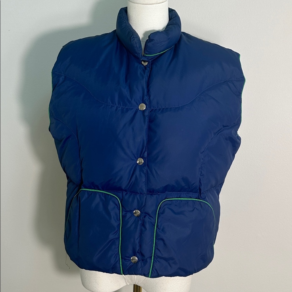 Vintage 80s Down Insulated Quilted Boxy‎ Puffer Vest Blue L Winter Outerwear